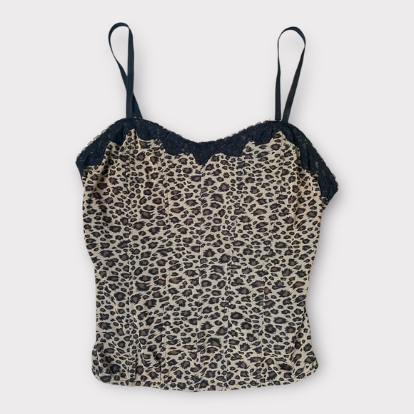 Vintage Tops - Venezia 1990s Vintage Corset Adjustable Tank Top in Animal Print Leopard s Large